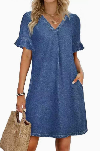 V-neck Ruffled Short Sleeved Denim Dress