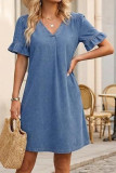 V-neck Ruffled Short Sleeved Denim Dress
