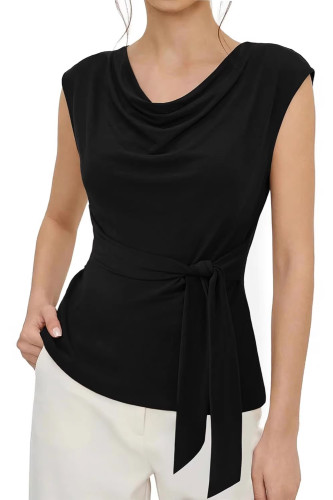 Round Neck Waist Cinched Solid Color Shirt