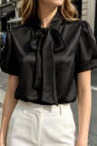 Solid Color Satin Bow Short Sleeved Shirt