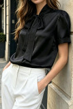 Solid Color Satin Bow Short Sleeved Shirt
