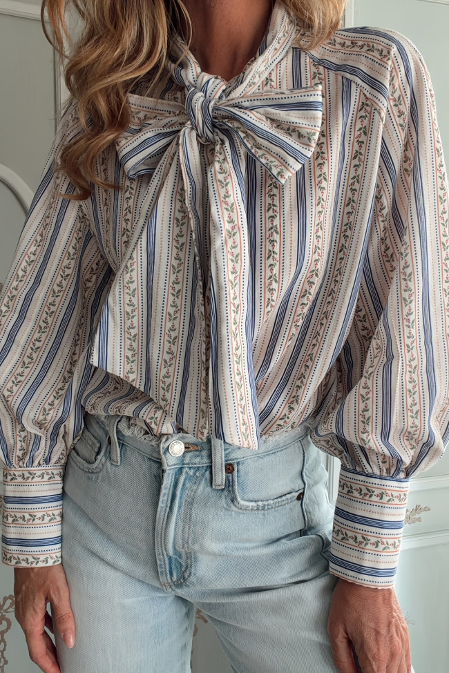 Printed Lace Up Striped Long Sleeve Shirt