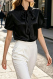 Solid Color Satin Bow Short Sleeved Shirt