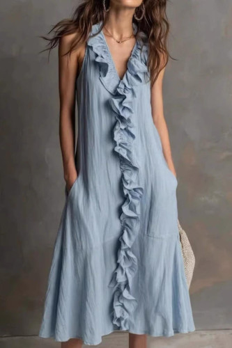 V-neck Sleeveless Ruffled Dress