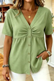 V-neck Solid Color Button Short Sleeve T-shirt