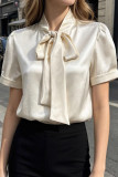 Solid Color Satin Bow Short Sleeved Shirt