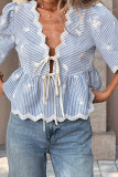 V-Neck Striped Embroidered Bubble Sleeve Shirt