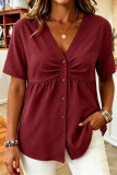 V-neck Solid Color Button Short Sleeve T-shirt
