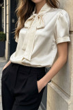 Solid Color Satin Bow Short Sleeved Shirt