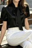 Solid Color Satin Bow Short Sleeved Shirt