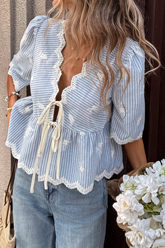 V-Neck Striped Embroidered Bubble Sleeve Shirt