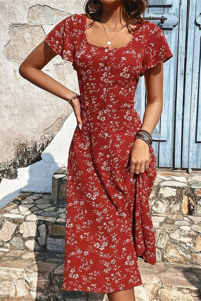 Floral Print Square Neck Short Sleeve Dress