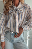 Printed Lace Up Striped Long Sleeve Shirt