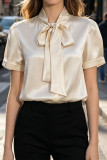 Solid Color Satin Bow Short Sleeved Shirt