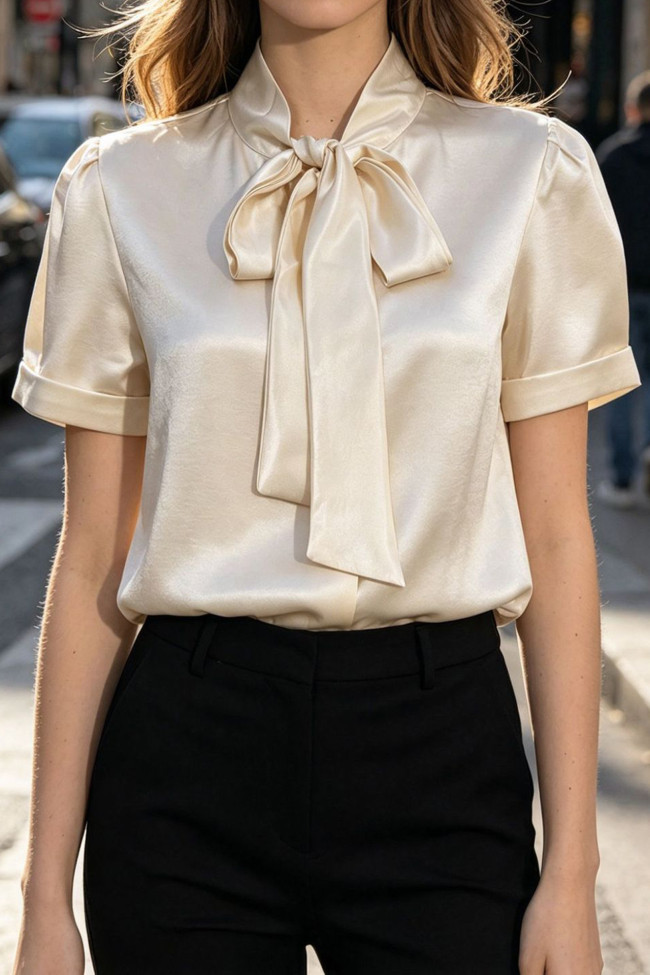 Solid Color Satin Bow Short Sleeved Shirt