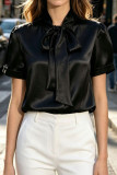 Solid Color Satin Bow Short Sleeved Shirt