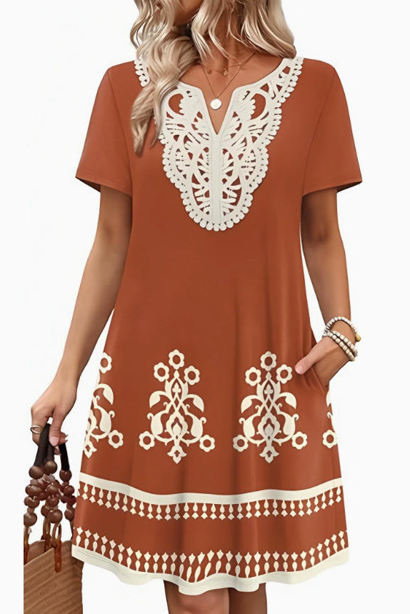 Printed V-neck Short Sleeved Dress