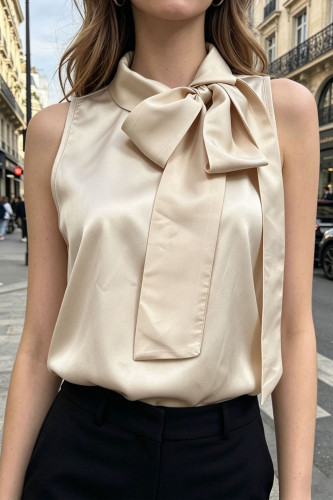 French Bow Satin Sleeveless Tank Tops