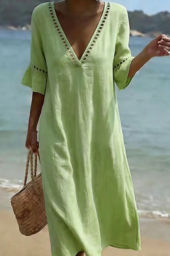 V-neck Solid Color Ruffled Short Sleeved Dress