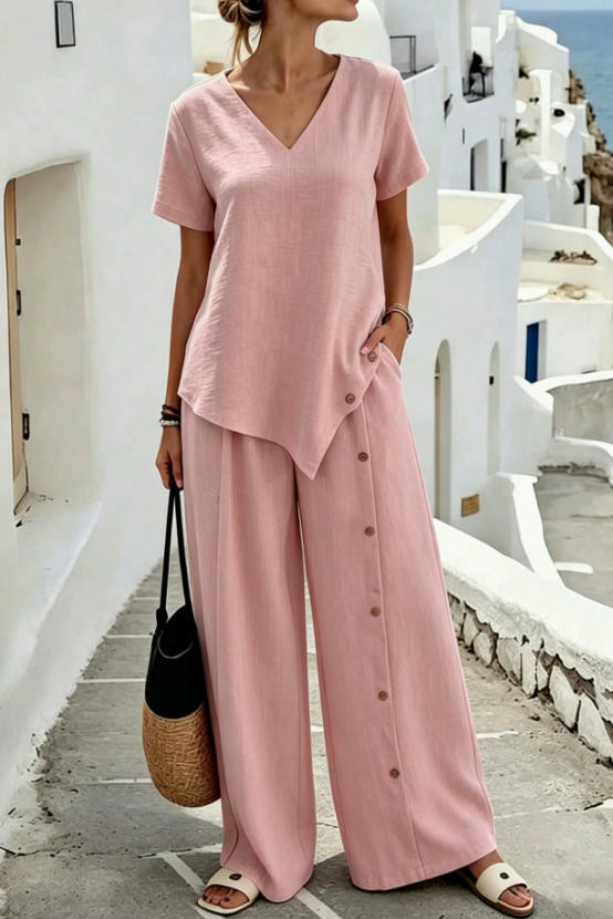 V-neck Shirt Wide Leg Pants 2-piece Set