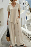  V-neck Shirt Wide Leg Pants 2-piece Set