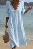 V-neck Solid Color Ruffled Short Sleeved Dress