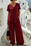 V-neck Shirt Wide Leg Pants 2-piece Set