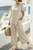  V-neck Shirt Wide Leg Pants 2-piece Set