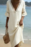 V-neck Solid Color Ruffled Short Sleeved Dress