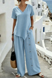  V-neck Shirt Wide Leg Pants 2-piece Set