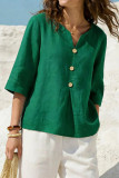 V-neck Button Nine Quarter Sleeve T-shirt