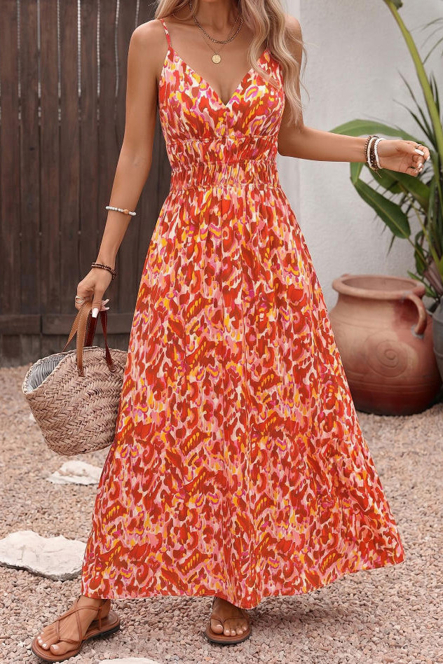 Bohemian V-neck Waist Cinched Dress