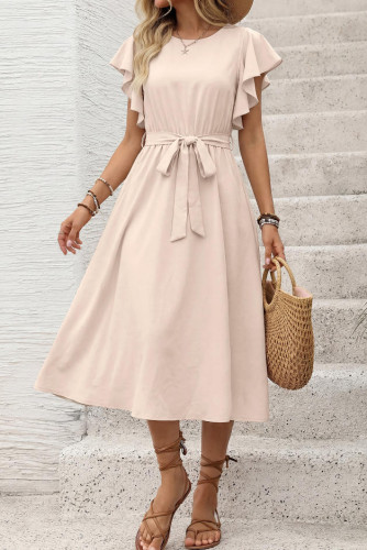 Flying Sleeve Round Neck Waist Cinched Dress