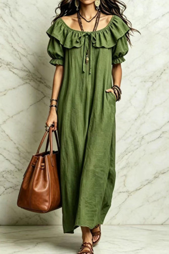 Round Neck Ruffled Short Sleeved Dress