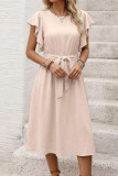 Flying Sleeve Round Neck Waist Cinched Dress