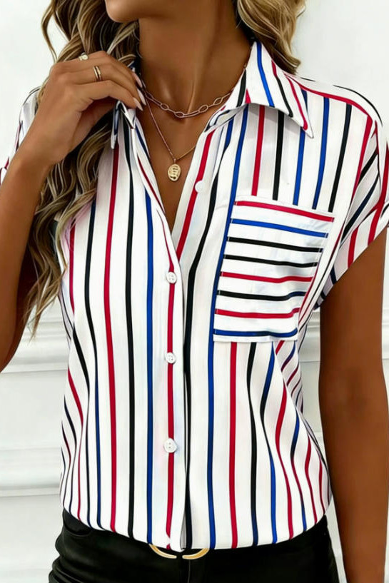 Lapel Striped Short Sleeved Shirt