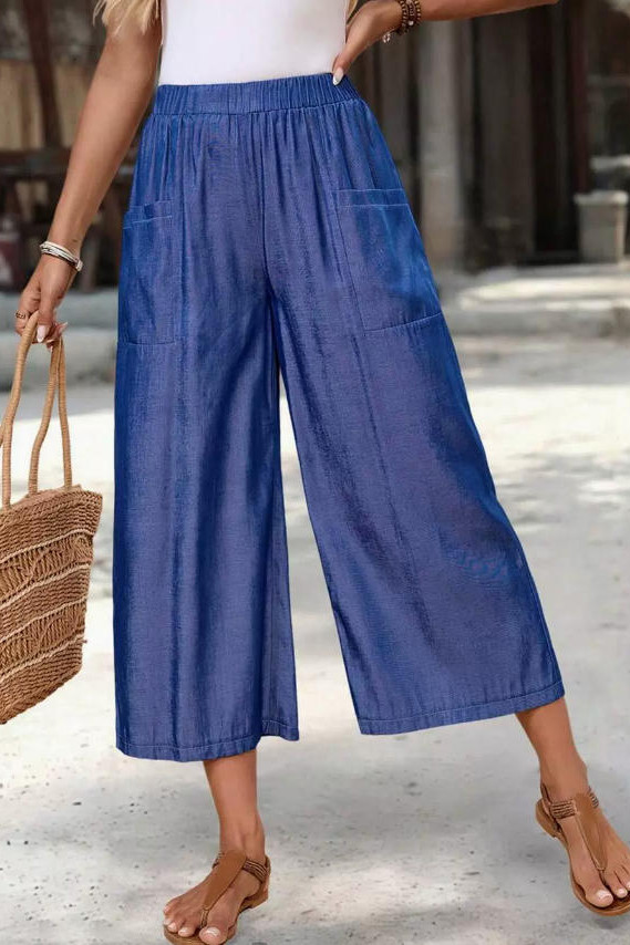 Pocket Elastic Waist Casual Wide Leg Pants