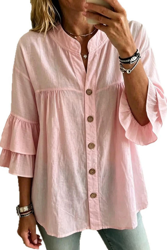Solid Color Ruffled Short Sleeved Shirt