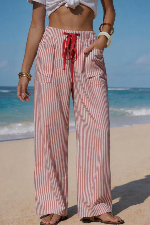 Striped Printed Elastic Waist Wide Leg Pants