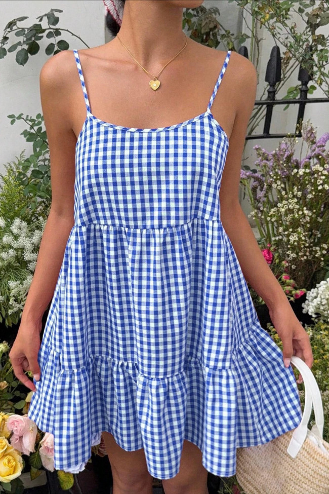 Checkered Printed Camisole Backless Dress