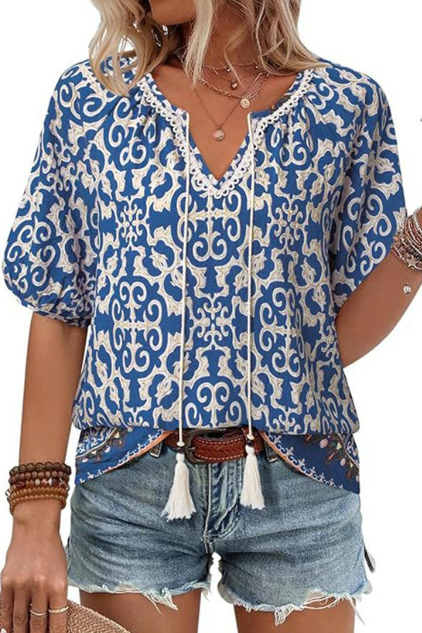 V-neck Floral Print Short Sleeved Shirt