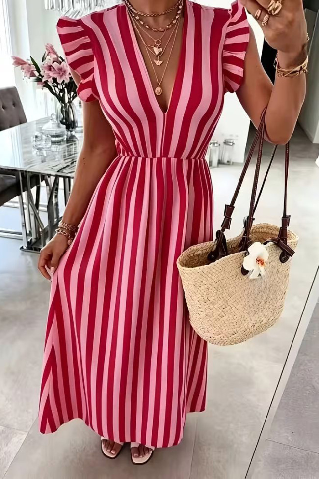 Striped V-neck Waist Cinched Dress