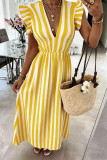 Striped V-neck Waist Cinched Dress