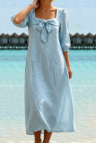 Square Collar Bow Seven Quarter Sleeve Dress