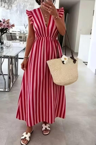 Striped V-neck Waist Cinched Dress