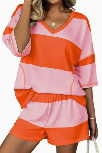 Striped V-neck T-shirt Shorts 2-piece Set
