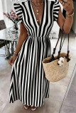 Striped V-neck Waist Cinched Dress
