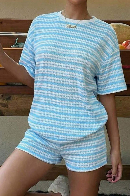 Striped Printed Short Sleeved Shorts 2-piece Set