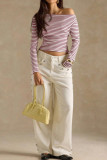 Striped One Shoulder Long Sleeved T-shirt