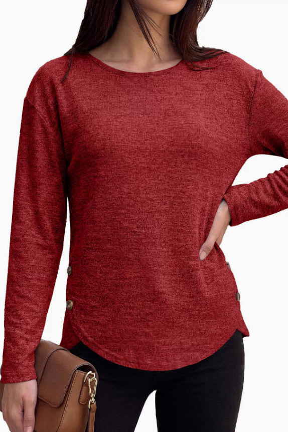 Round Neck Long Sleeved Split Button T-shirt